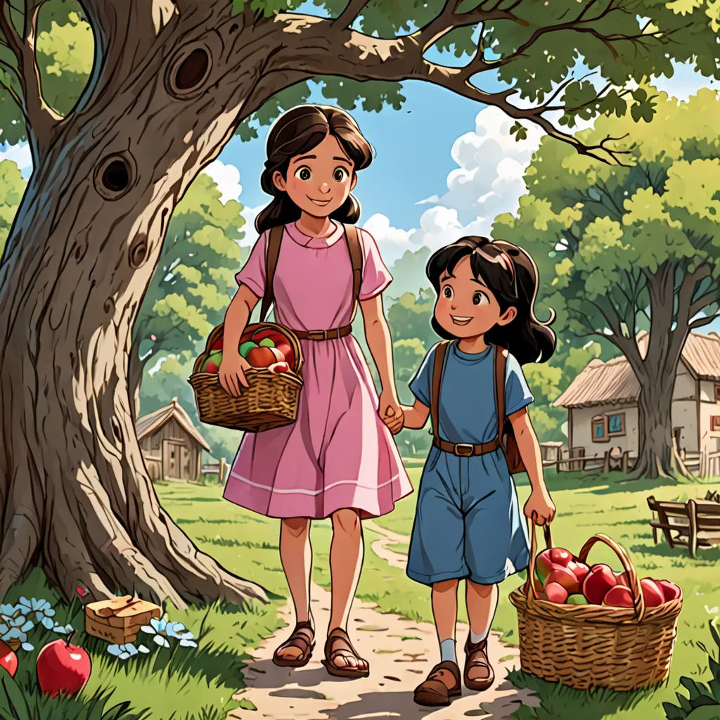 a girl and a girl holding hands walking down a path with apples in a basket in front of a tree, lyco art, a storybook illustration, Brothers Hildebrandt, official art