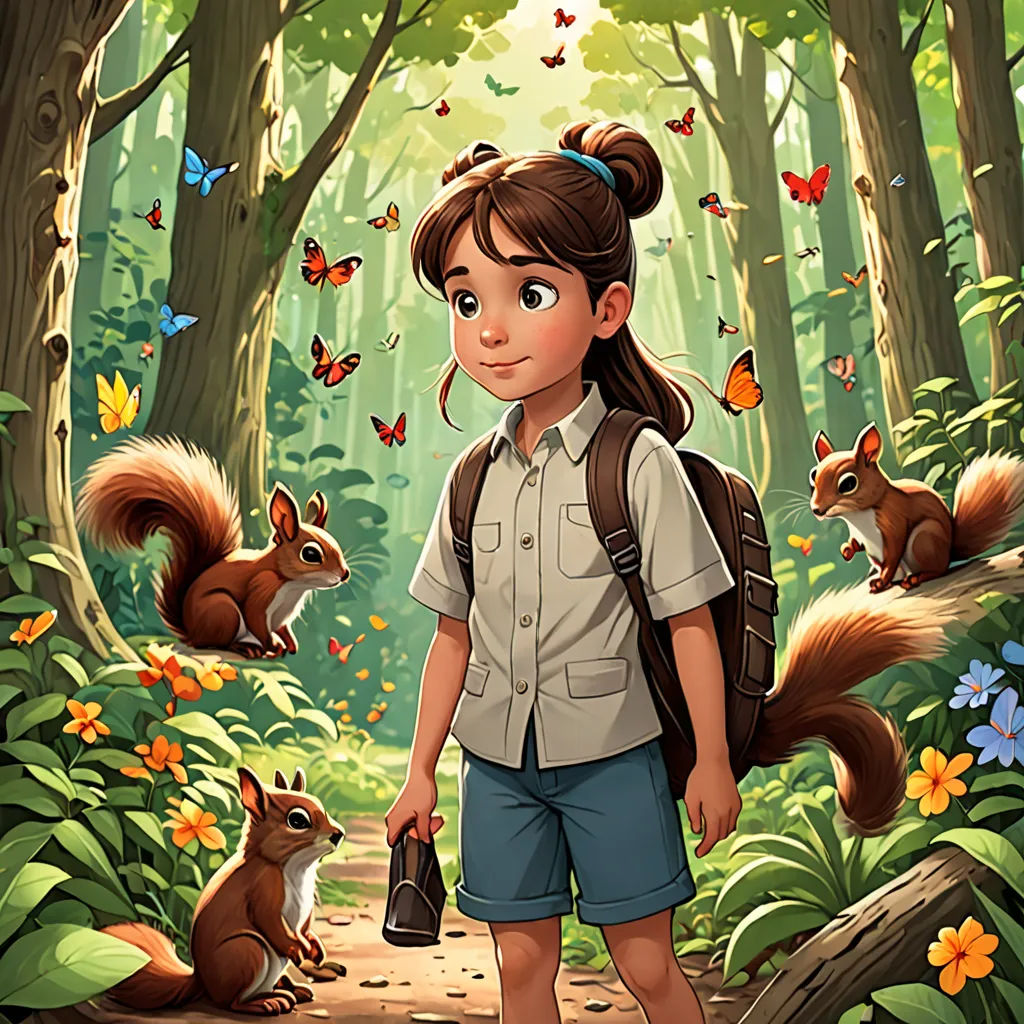 a girl with a backpack and a squirrel in the woods with butterflies flying around her and a squirrel on the ground, furry art, a storybook illustration, Cliff Childs, official art