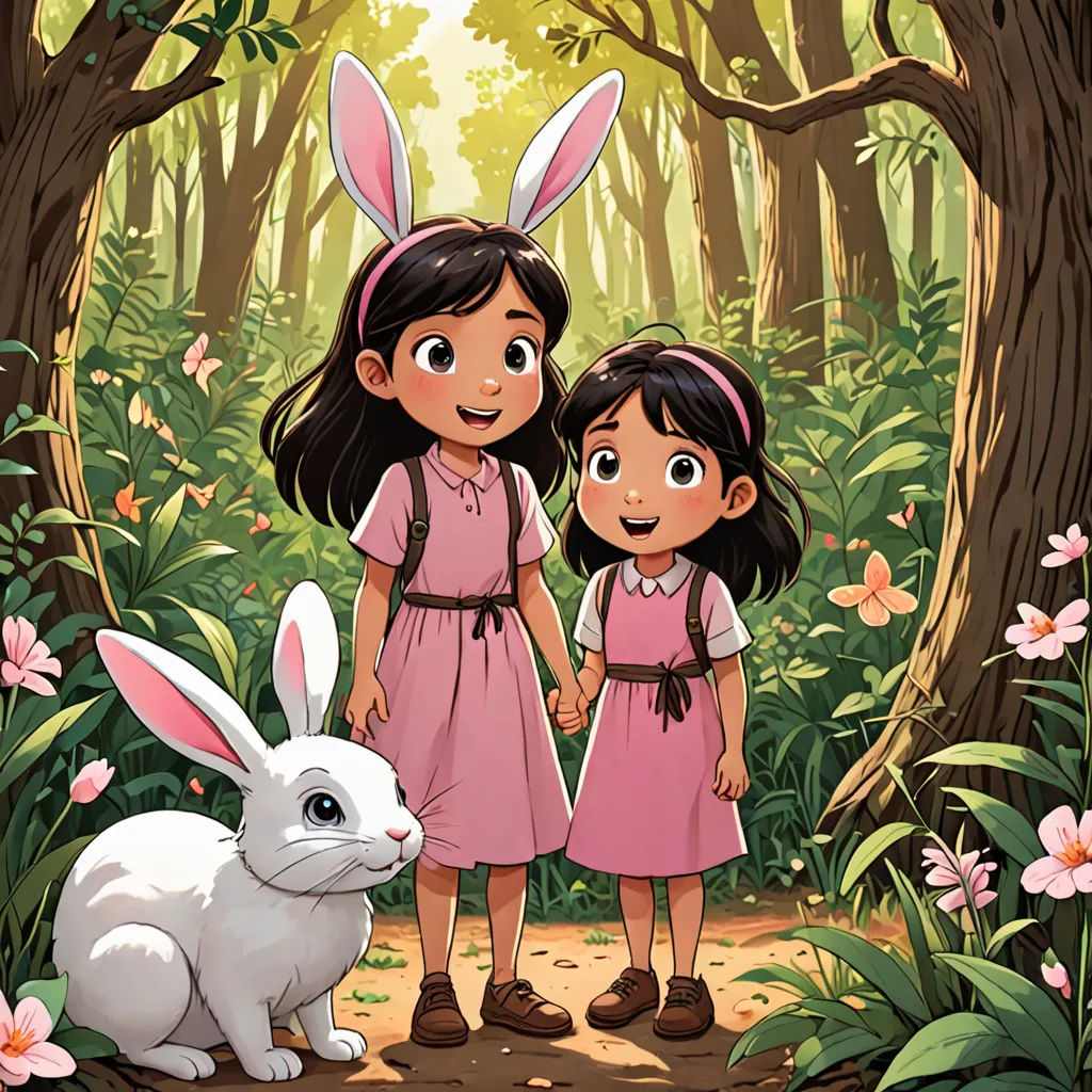 two girls in pink dresses standing next to a white rabbit in a forest with pink flowers and butterflies around them, process art, a storybook illustration, Diego Gisbert Llorens, official art