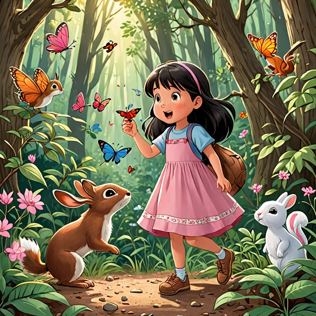 a girl in a pink dress is standing in the woods with a rabbit and a deer in front of her, fantasy art, a storybook illustration, Audrey Kawasaki, official art