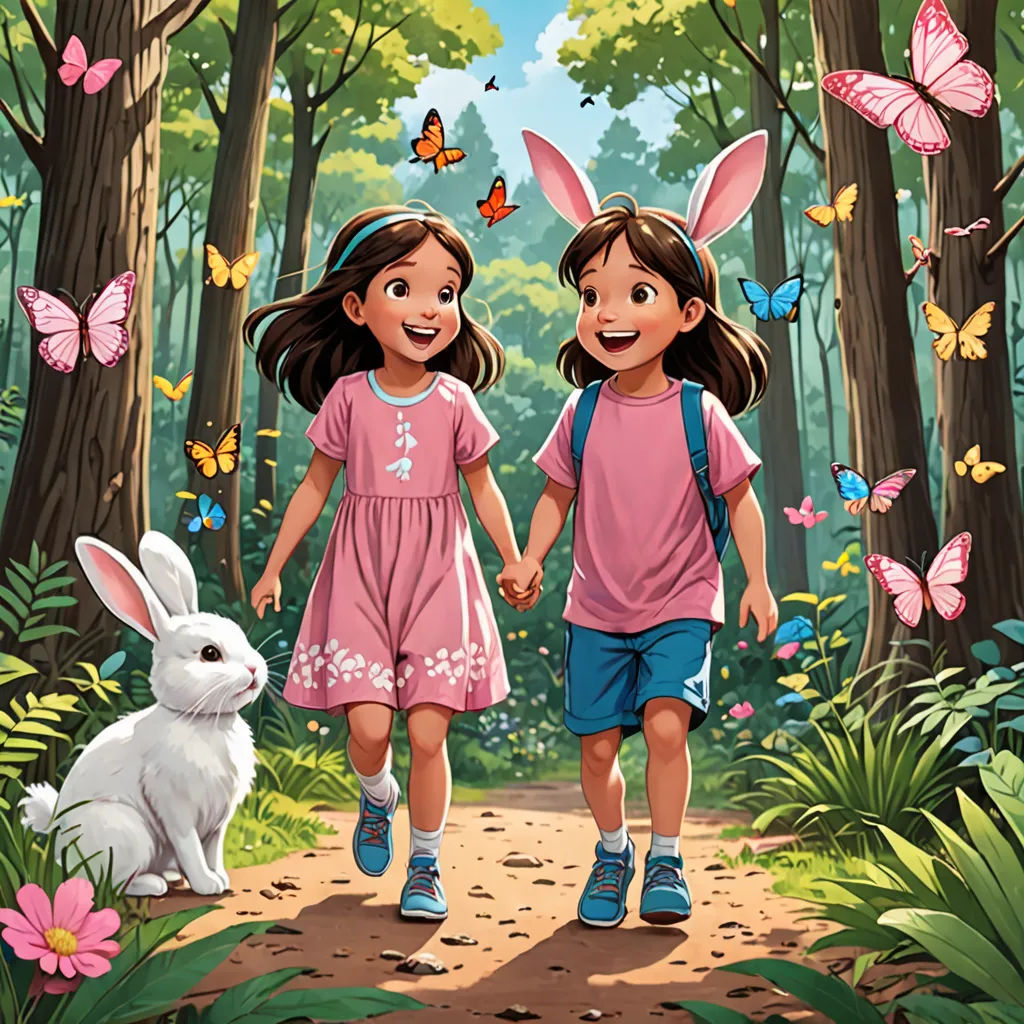 two children walking in the woods with a bunny rabbit behind them and butterflies flying overhead above them, with a forest scene in the background, lyco art, a storybook illustration, Diego Gisbert Llorens, official art