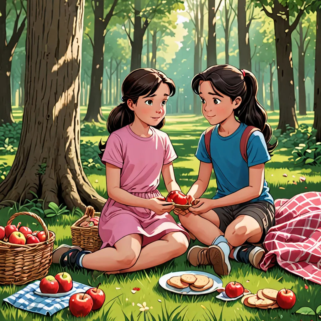 two girls sitting on the grass in the woods eating apples and cookies together, with a picnic blanket on the ground, socialist realism, a storybook illustration, Choi Buk, official art