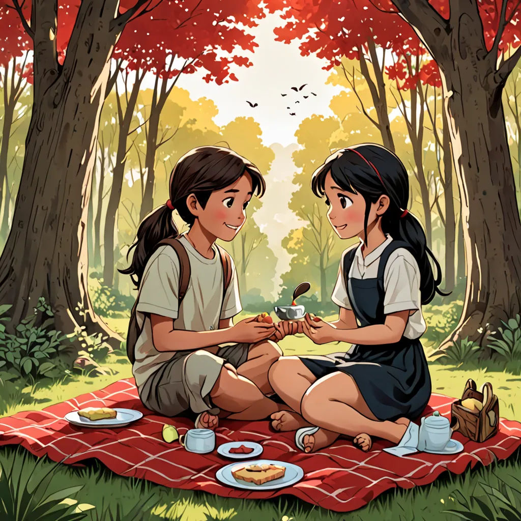 a couple of people sitting on a blanket in the woods eating food and talking to each other while sitting on a blanket, neo-romanticism, a storybook illustration, Atey Ghailan, official art