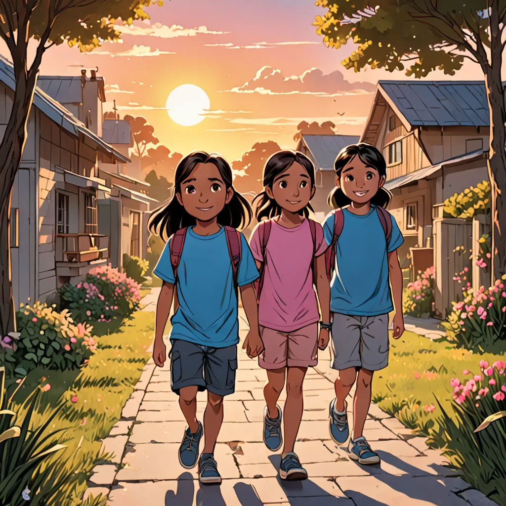 three children walking down a sidewalk in front of a sunset with houses and trees in the background and a pink sky, lyco art, poster art, Colin Middleton, official art