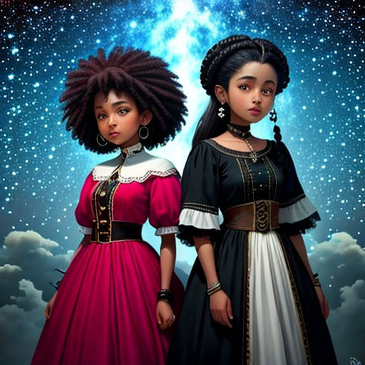 two women in dresses standing next to each other in front of a night sky with stars and clouds behind them