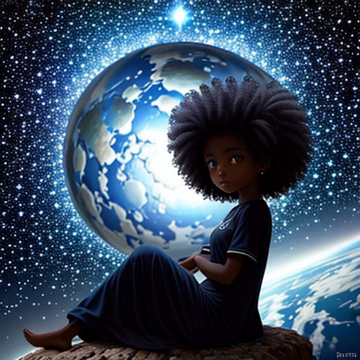 a girl sitting on top of a rock in front of a globe of the earth with stars in the background