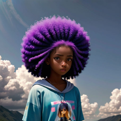 a young girl with purple hair standing in a field of grass and mountains in the background, with a blue sky and clouds