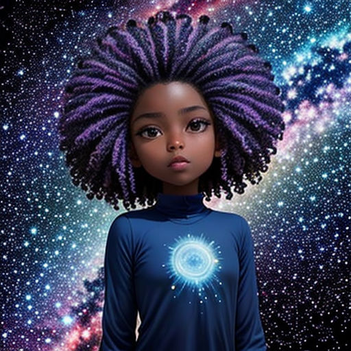 a young girl with purple dreadlocks standing in front of a galaxy background with stars and a blue shirt