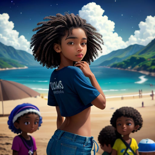 a cartoon picture of a girl with dreadlocks standing in front of a group of children on a beach
