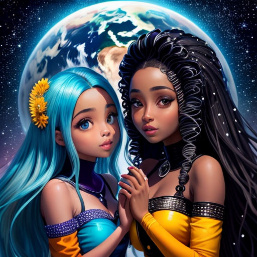 two girls standing next to each other in front of a moon and stars sky with the earth in the background