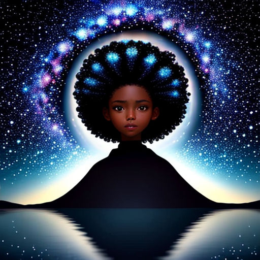 a woman with a afro in front of a space filled with stars and a star filled sky with stars