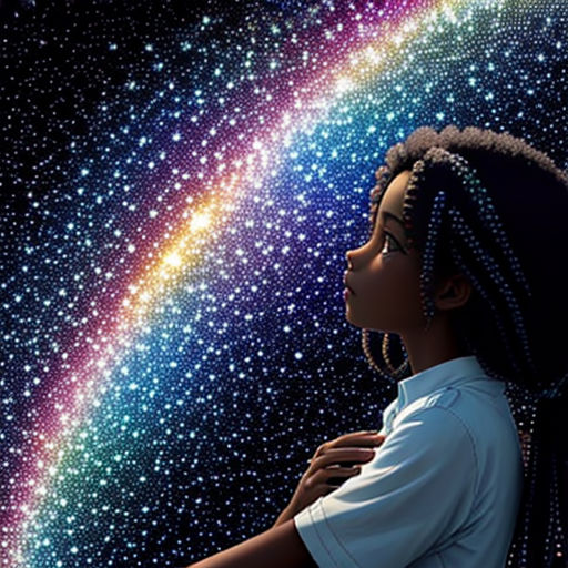 a girl with braids looking at a rainbow in the sky with stars on it and a rainbow in the background
