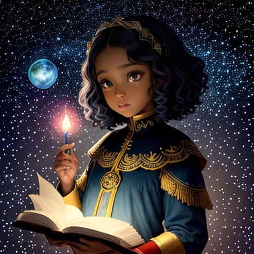 a girl in a blue dress holding a book and a candle in her hand with stars in the background