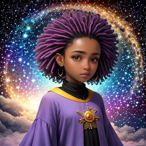 a young girl with purple dreadlocks standing in front of a galaxy background with stars and a star