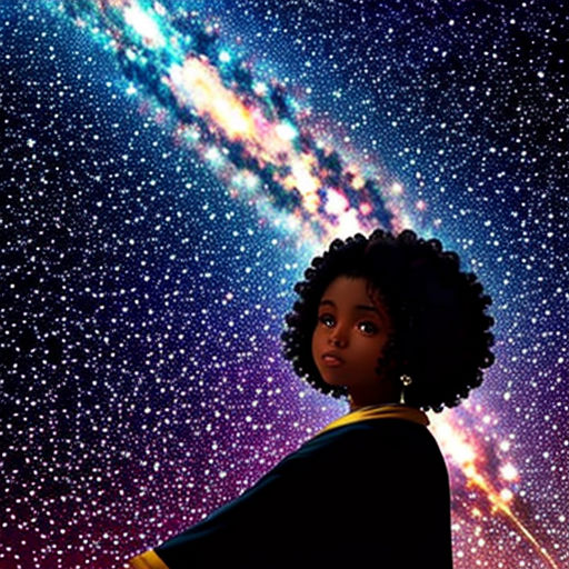 a young girl standing in front of a galaxy filled sky with stars and a bright star filled sky behind her