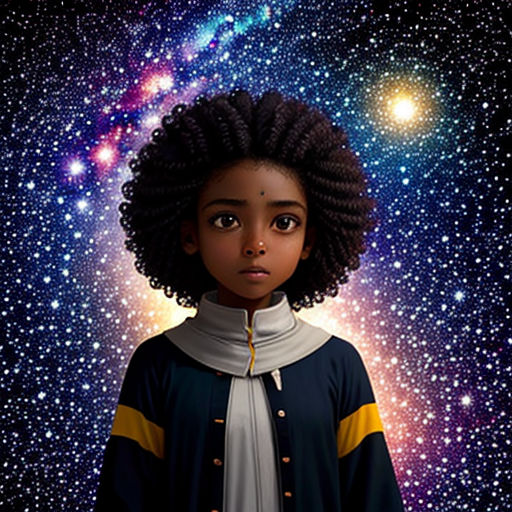 a young girl standing in front of a galaxy background with stars and a star cluster in the background, wearing a scarf