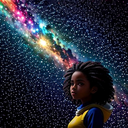 a young girl standing in front of a colorful galaxy background with stars and a star - filled sky in the background