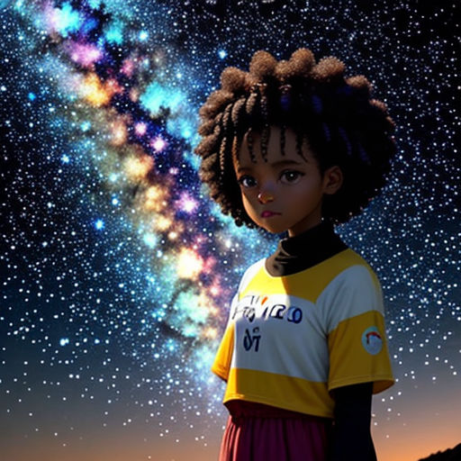 a young girl standing in front of a star filled sky with a colorful galaxy behind her and a star filled sky with stars
