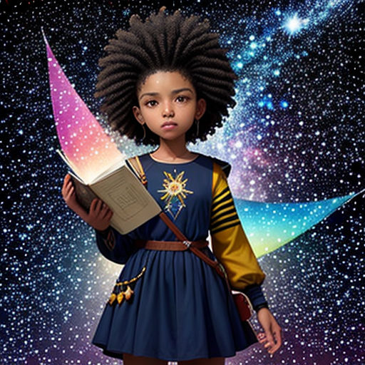 a young girl with a book in her hand and a star in the background, standing in front of a galaxy background