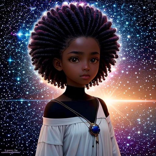 a young girl with a space background and stars in the background, wearing a white top and a necklace