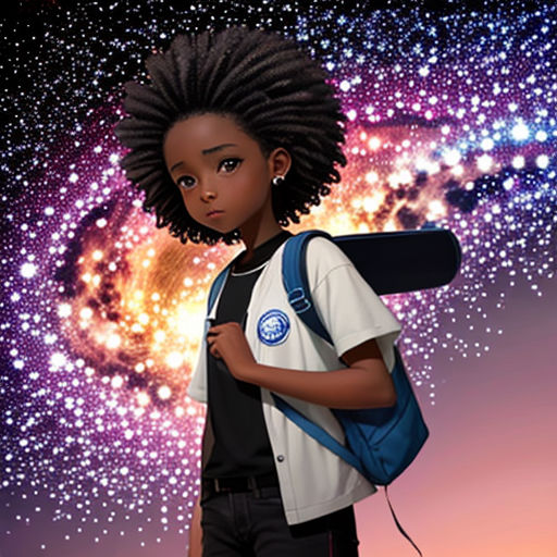 a young black girl with a backpack and a space background is featured in this digital painting of a young black girl with a backpack