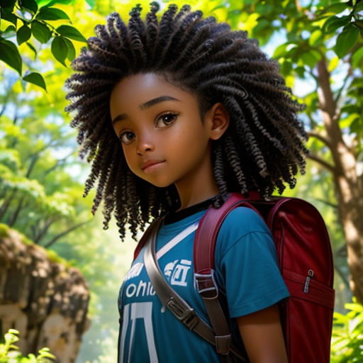 a young girl with a backpack standing in the woods with trees in the background and a path leading to the woods