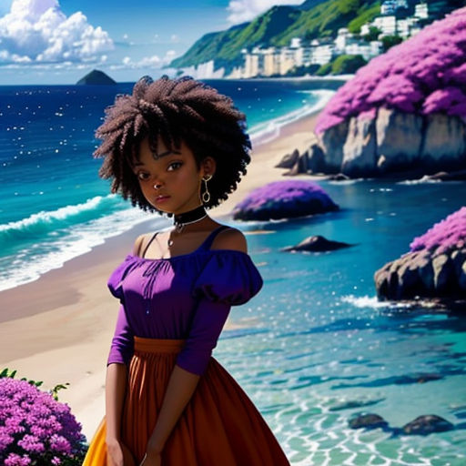 a woman standing on a beach next to the ocean with purple flowers in her hair and a purple dress