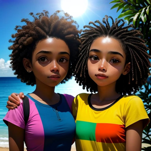 two young girls standing next to each other on a beach with the sun shining behind them and a palm tree