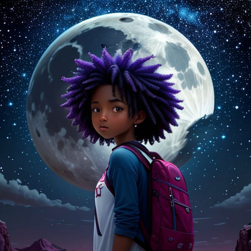 a painting of a young black girl with purple dreadlocks and a backpack in front of a full moon