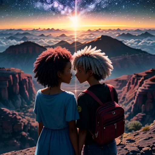 two children looking at the stars in the sky above them, with a mountain range in the background and a star filled sky