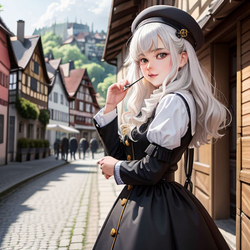 a woman in a black and white dress and hat smoking a cigarette on a street corner with buildings in the background, aestheticism, a photorealistic painting, Artgerm, anime girl