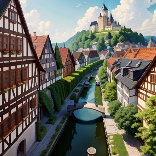 a painting of a river running through a town with a castle on top of a hill in the background, american scene painting, a detailed matte painting, Evgeny Lushpin, matte painting