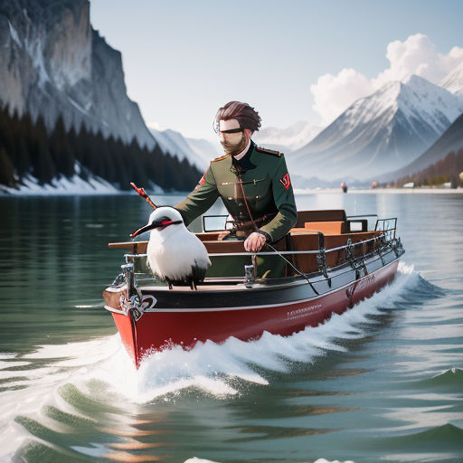 a man in a boat with a bird on the front of it and mountains in the background, with a bird on the front of the boat, photorealism, a matte painting, Filip Hodas, promotional image