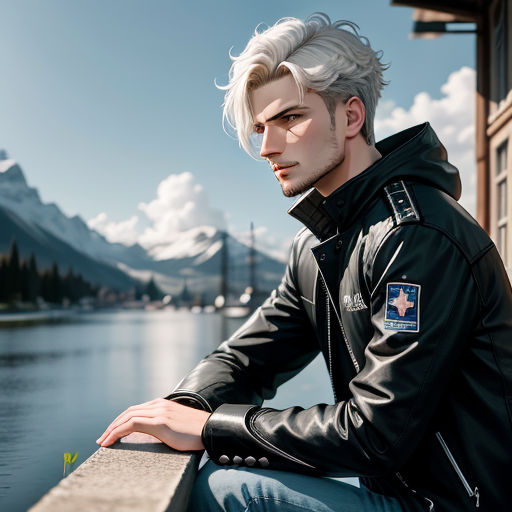 a man with white hair sitting on a ledge next to a lake and mountains in the background, wearing a black jacket, photorealism, a photorealistic painting, Cedric Peyravernay, rossdraws global illumination