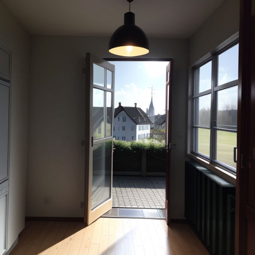 a room with a door and a window with a view of a house and a yard outside the window, light and space, a flemish Baroque, Florence Engelbach, photorealistic lighting