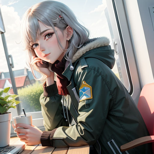 a woman sitting at a table with a laptop computer in front of her, wearing a green jacket and a red scarf, remodernism, a detailed painting, Constance Gordon-Cumming, anime art