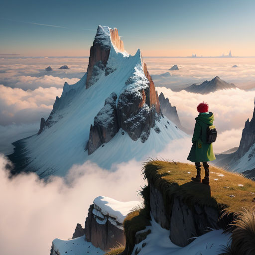 a person standing on a mountain top looking at the clouds and mountains below them, with a person standing on a cliff, fantasy art, a matte painting, Anton Fadeev, matte painting