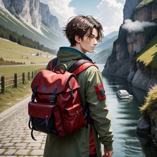 a man with a backpack looking at a river and mountains in the background, with a boat in the water, photorealism, a photorealistic painting, Cedric Peyravernay, stanley artgerm lau