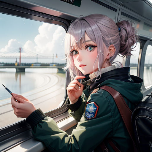 a woman with a backpack looking out a window at a bridge and water with a cell phone in her hand, sots art, a detailed painting, Artgerm, anime art style