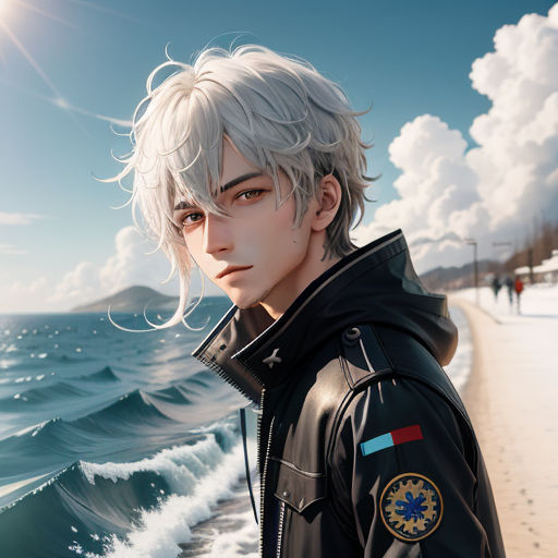 a man standing on a beach next to the ocean with a sky background and clouds in the background,, photorealism, a photorealistic painting, Du Jin, anime art