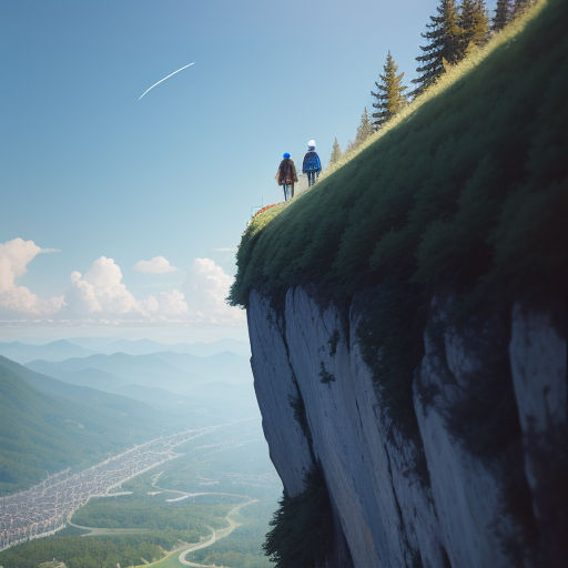 two people standing on a cliff overlooking a valley and a valley below them with a river running through it, photorealism, a detailed matte painting, Filip Hodas, unreal 5