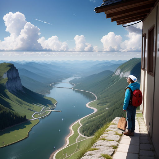 a person standing on a ledge looking at a valley and a river below them with a sky background and clouds, photorealism, a matte painting, Chris LaBrooy, unreal engine render