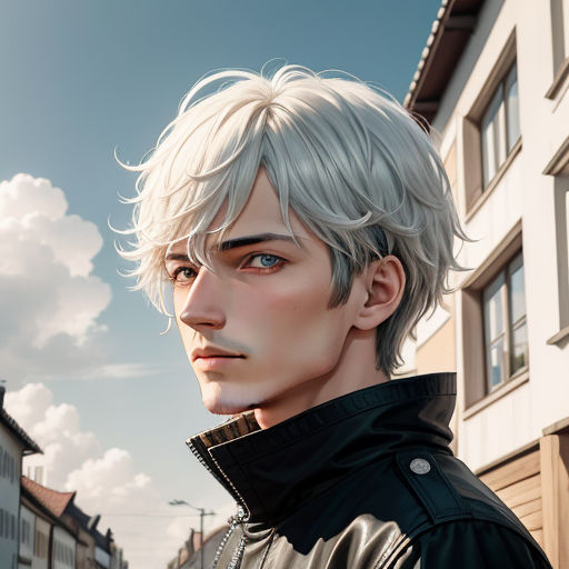 a man with white hair and a black jacket on a street corner with buildings in the background and a cloudy sky, photorealism, a photorealistic painting, Cedric Peyravernay, stanley artgerm lau