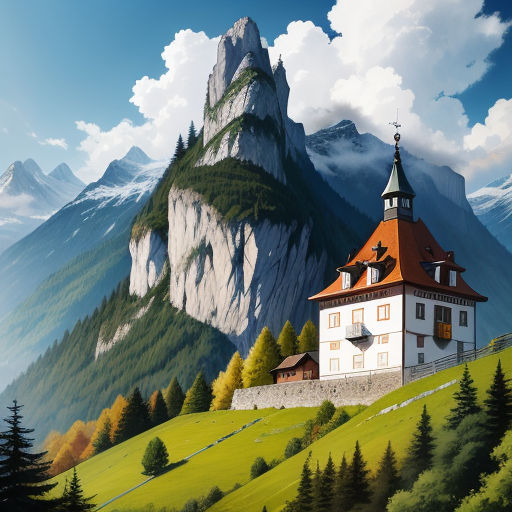 a painting of a mountain with a church on top of it and a mountain in the background with clouds, fantasy art, a detailed matte painting, Christophe Vacher, cinematic matte painting
