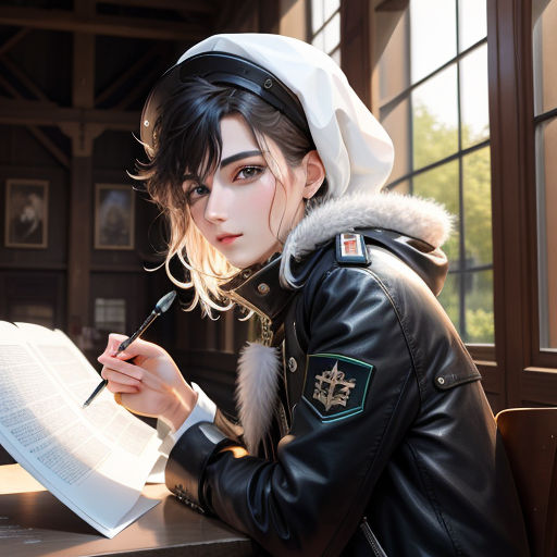 a woman in a leather jacket is writing on a piece of paper with a pen in her hand and a hat on her head, remodernism, a character portrait, Fan Qi, cosplay