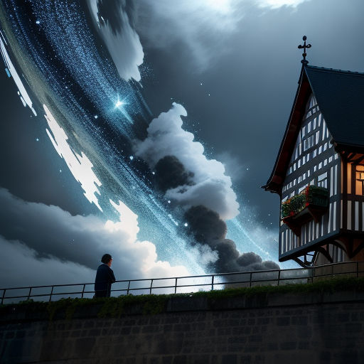 a man standing in front of a house with a sky background and a cloud formation in the sky above, fantasy art, a matte painting, Cyril Rolando, matte painting