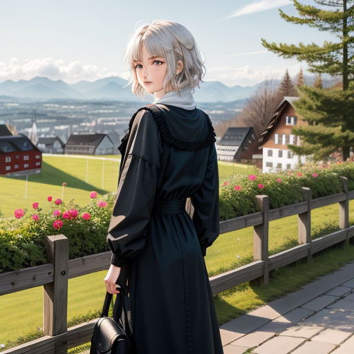 a woman in a black dress is standing on a wooden fence with a handbag in her hand and a view of a field, aestheticism, a character portrait, Ada Hill Walker, white hair