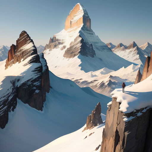 a man standing on top of a snow covered mountain next to a tall mountain range with a snow covered peak, photorealism, a matte painting, Christophe Vacher, matte painting