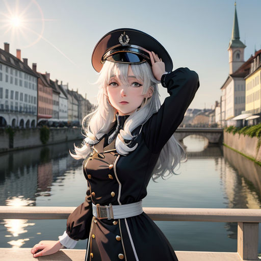 a woman in a uniform is posing for a picture by the water in a city with buildings and a bridge, remodernism, a photorealistic painting, Claire Falkenstein, anime girl