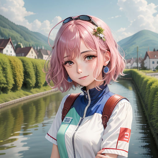 a girl with pink hair and sunglasses standing next to a river with a house in the background and a mountain in the background, sots art, a detailed painting, Ai-Mitsu, anime visual